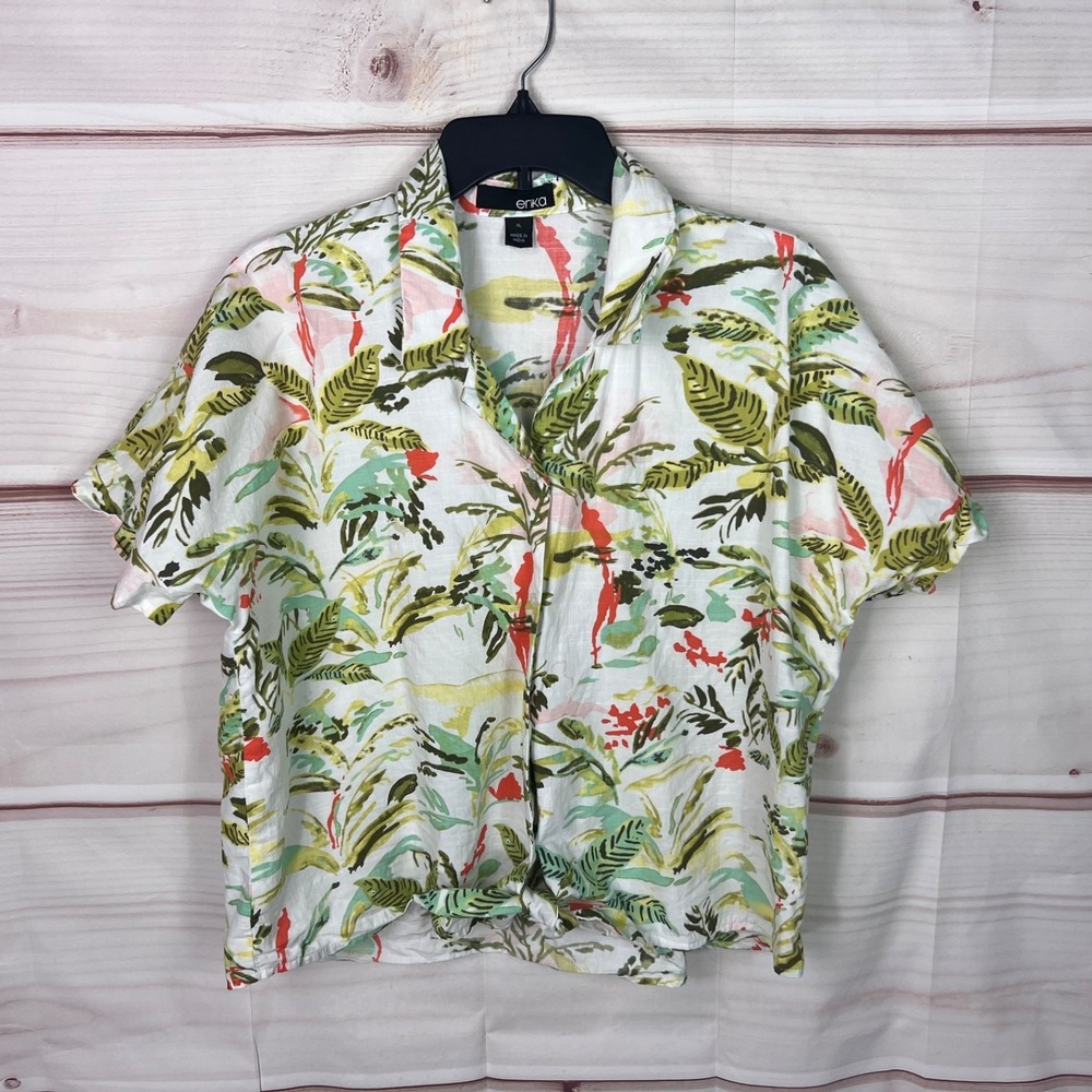 Erika Top Womens XL Floral Print Shirt Button UP Short Sleeve Tie Waist Collared